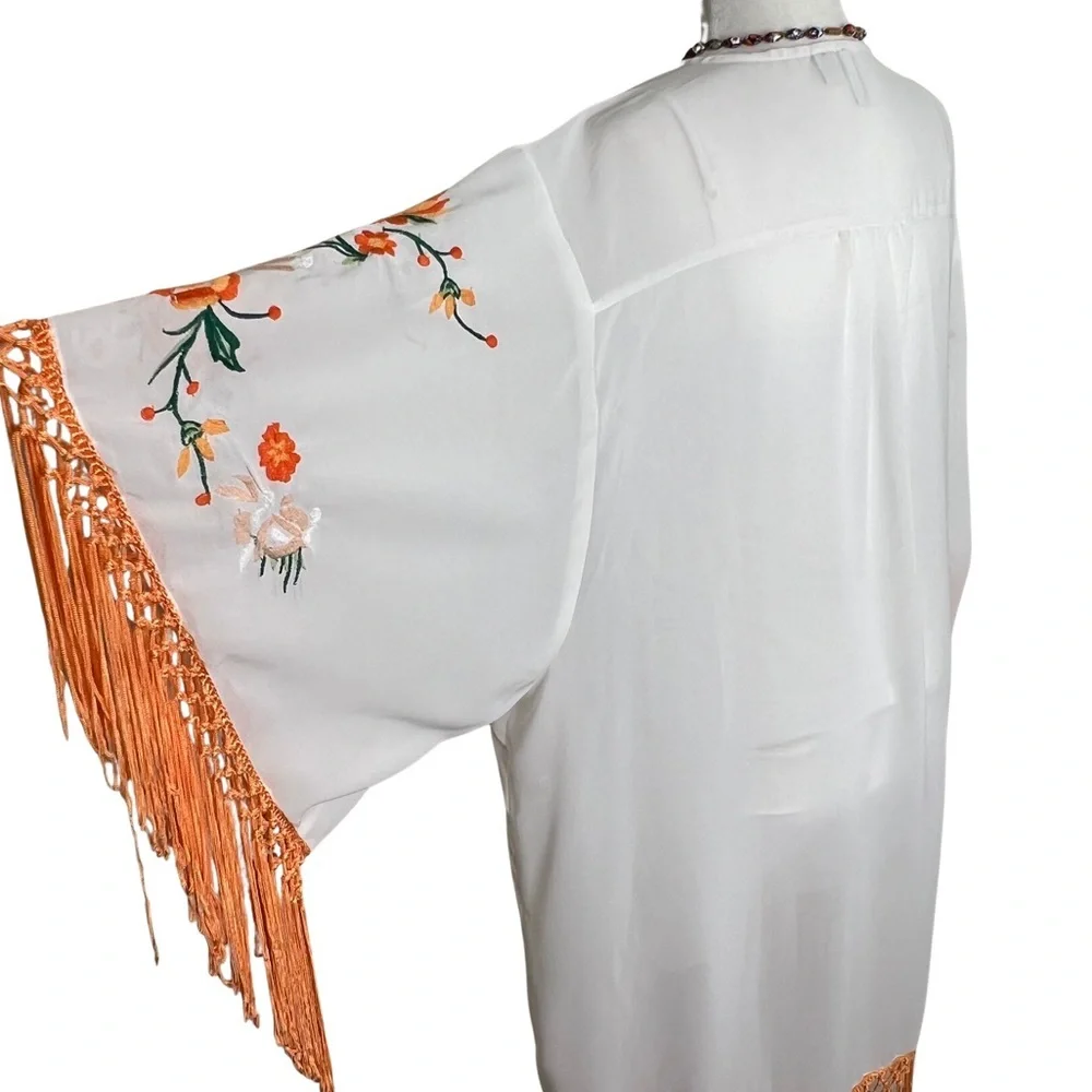 Fringe Kimono Floral Boho Festival Embroidered White Orange Flowers Medium Cato - Picture 7 of 17